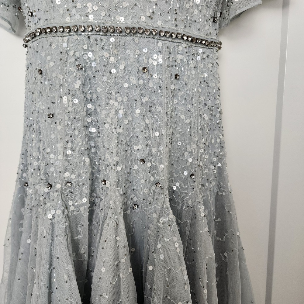 Mac Duggal Cape Sleeve Beaded Midi Dress Powder Blue Silver Ethereal Glam 6 $598 - Picture 8 of 16